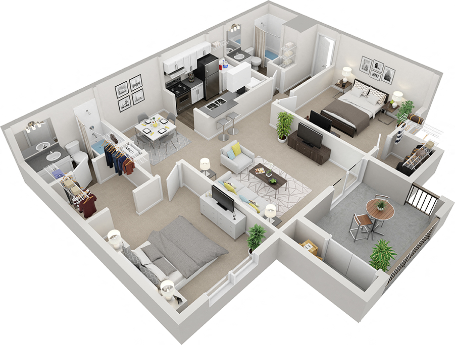 Floor plan for 2 beds, 2 baths, 1070 sqft